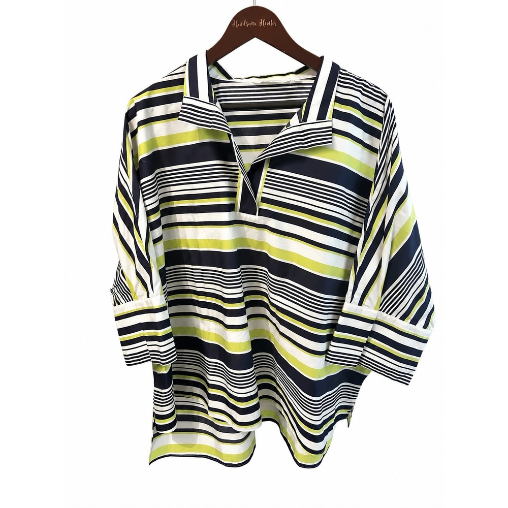 Carla Rockmore Striped Tunic Women XL Navy Lime White EUC Boxy 3/4 Sleeve Top